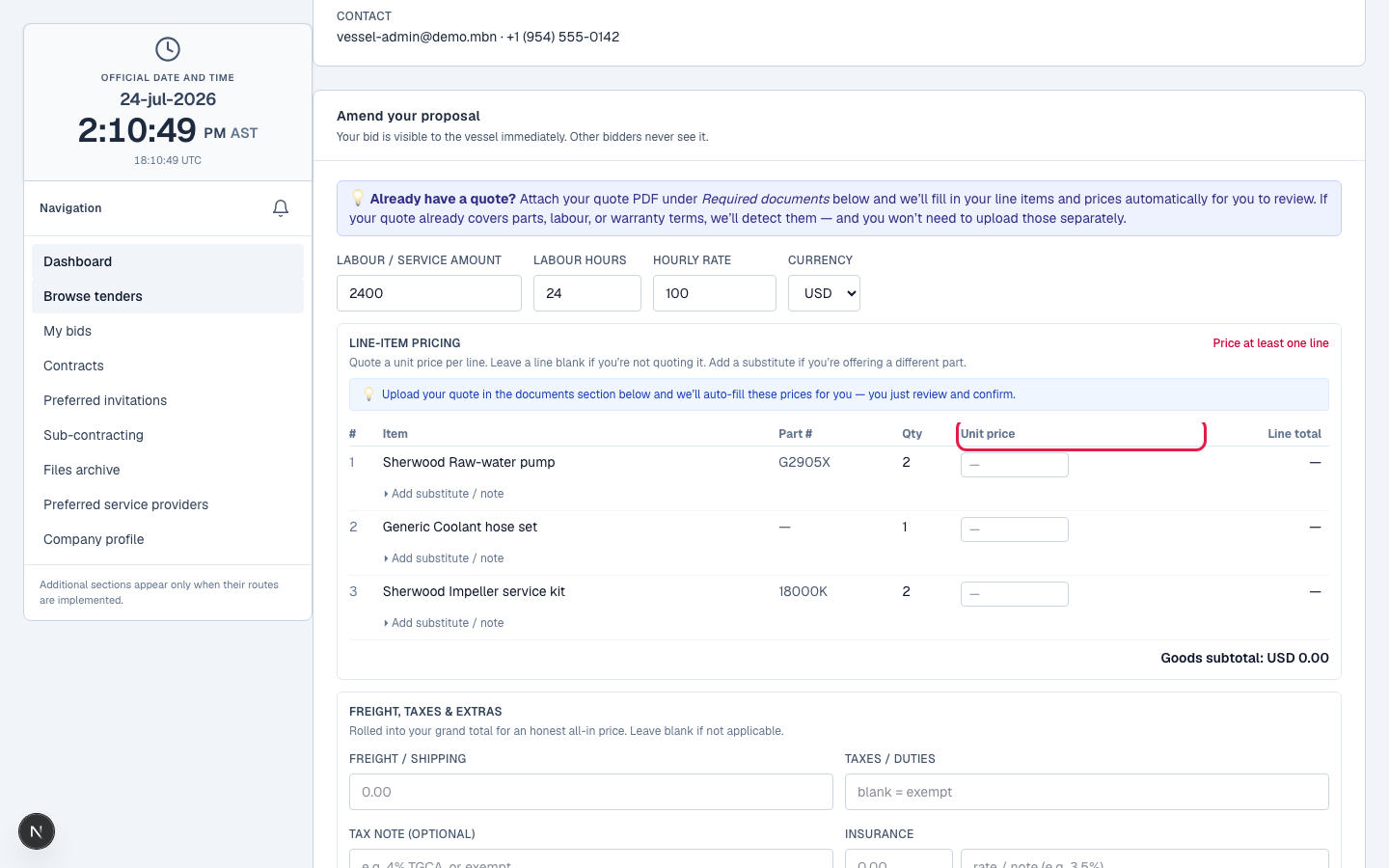 The amend form with updated pricing.