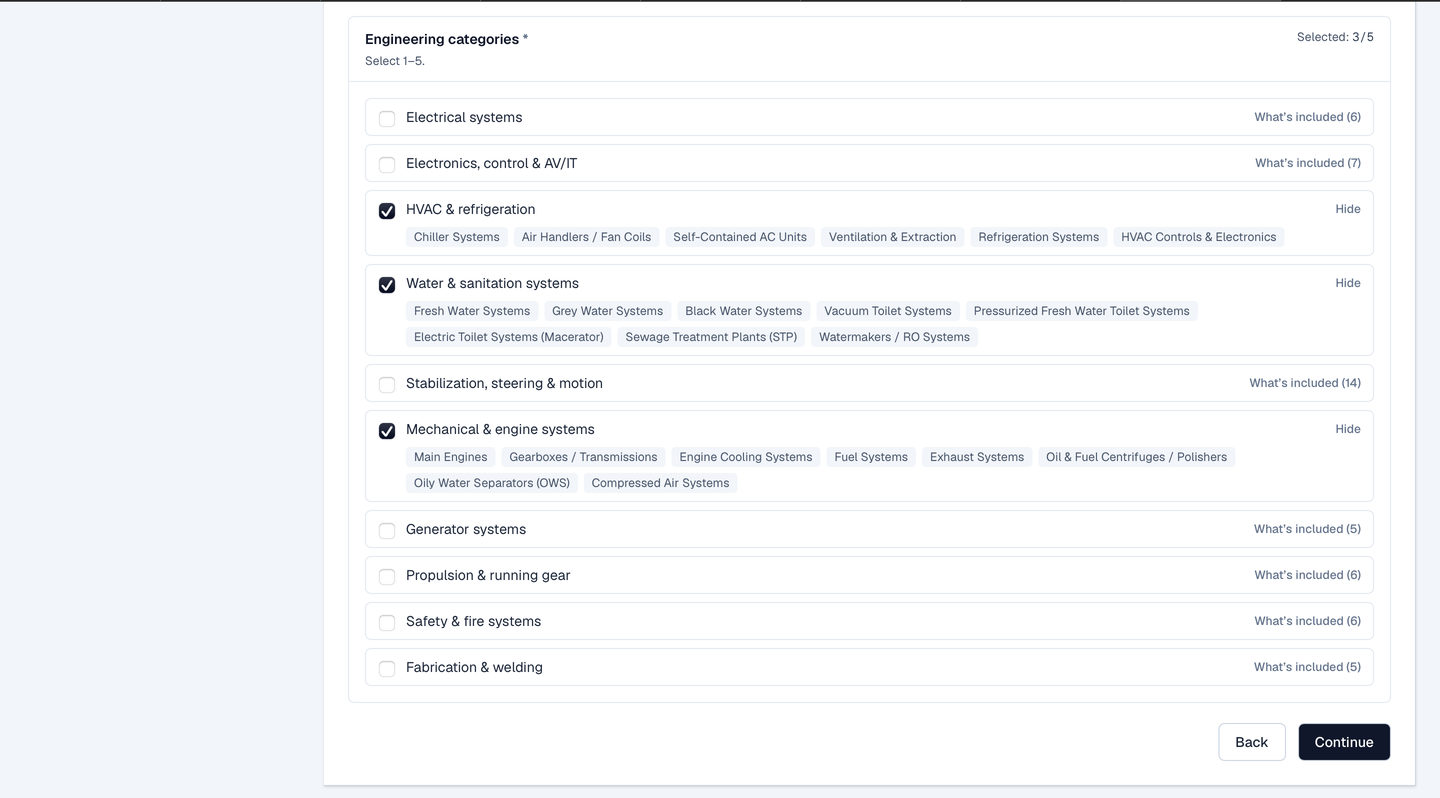 The engineering categories selector, capped at five.