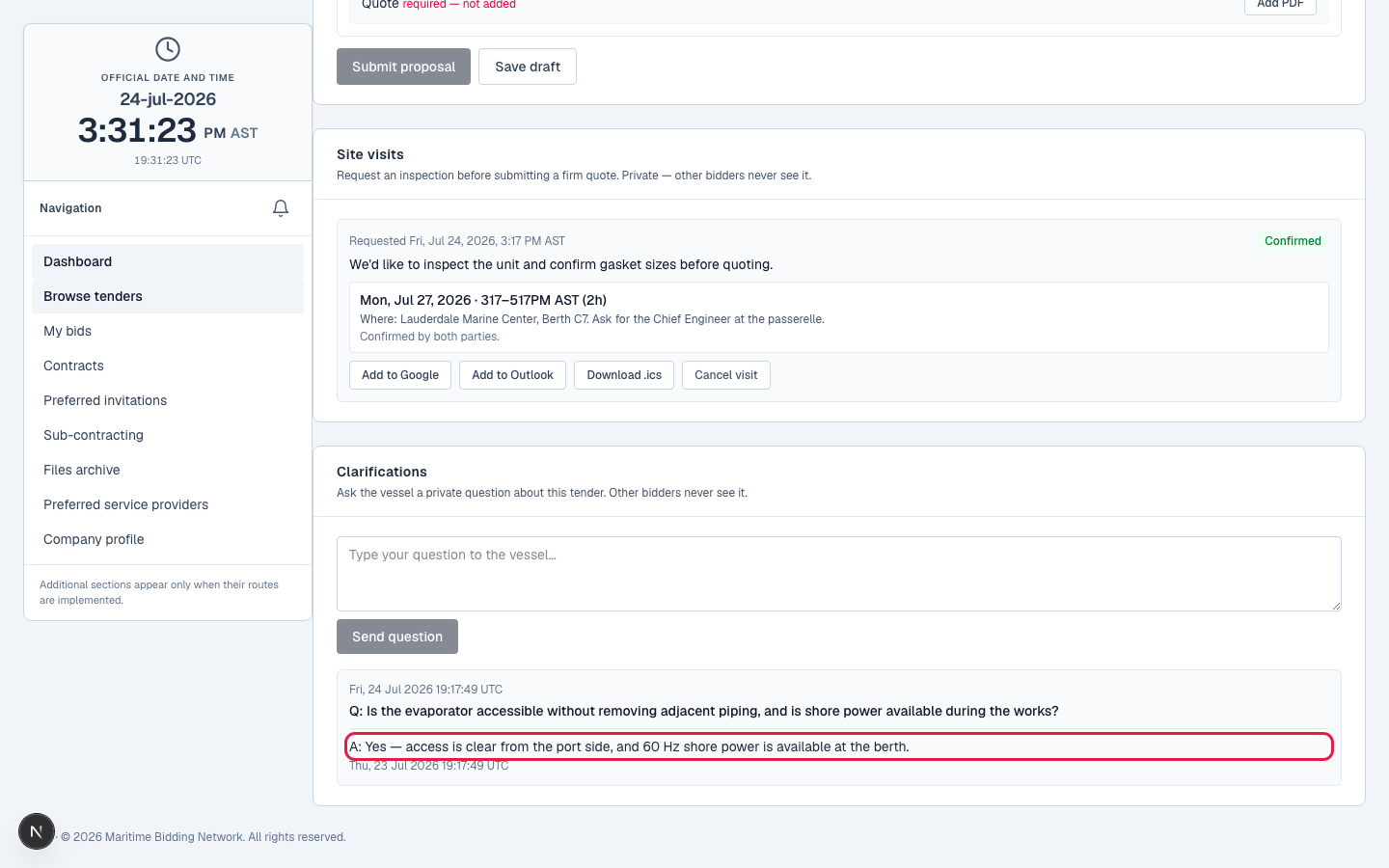 A vessel's answer shown in the private clarification thread.