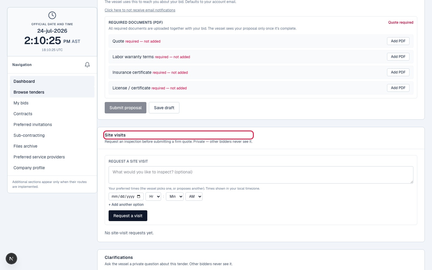 Requesting a site visit with suggested times.