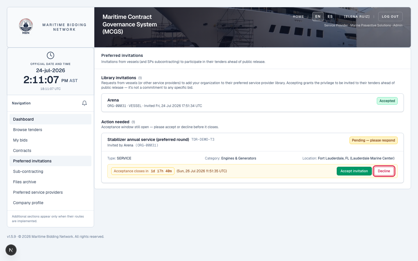 The Accept and Decline options on a preferred invitation.