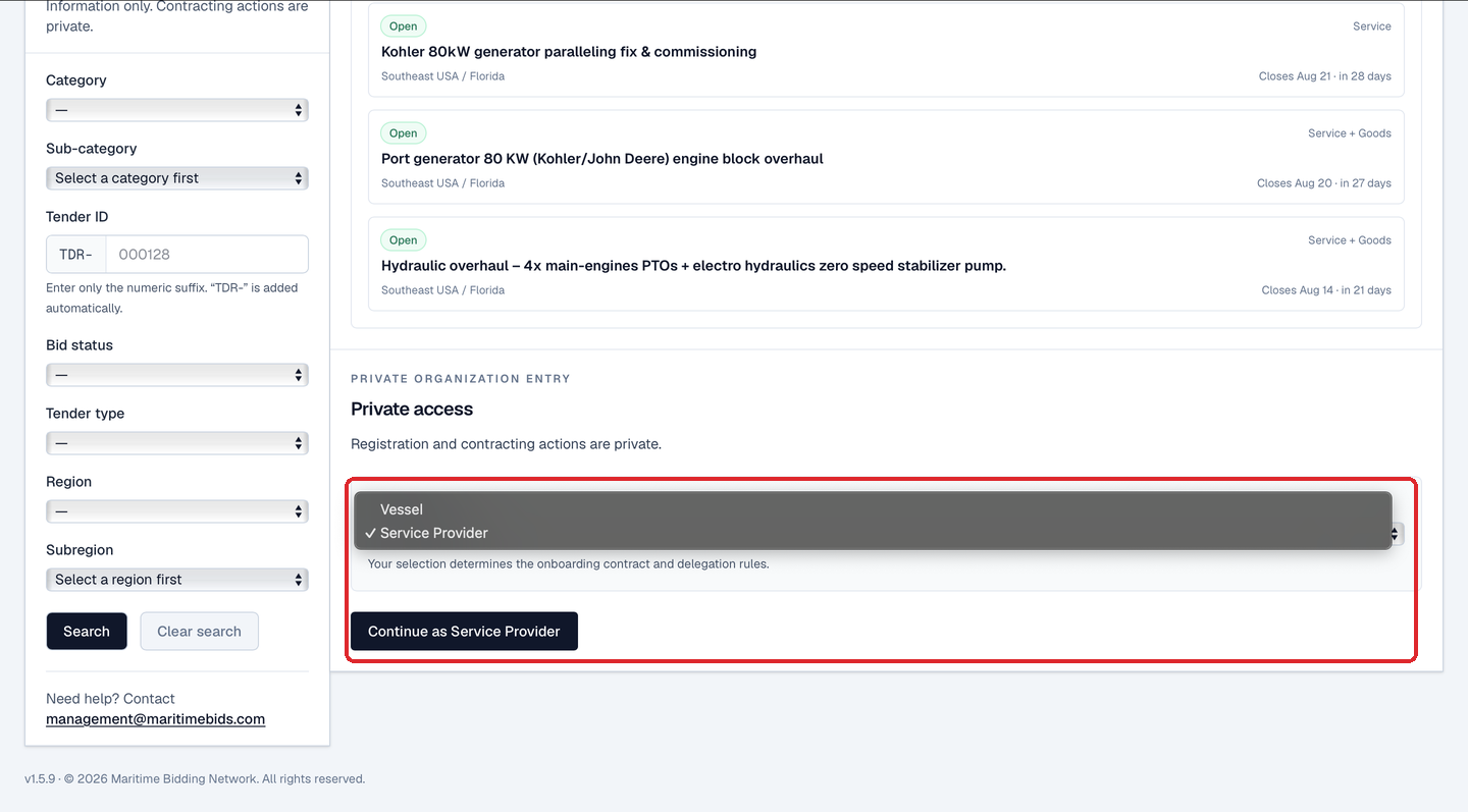The Service Provider signup path at app.maritimebids.com.