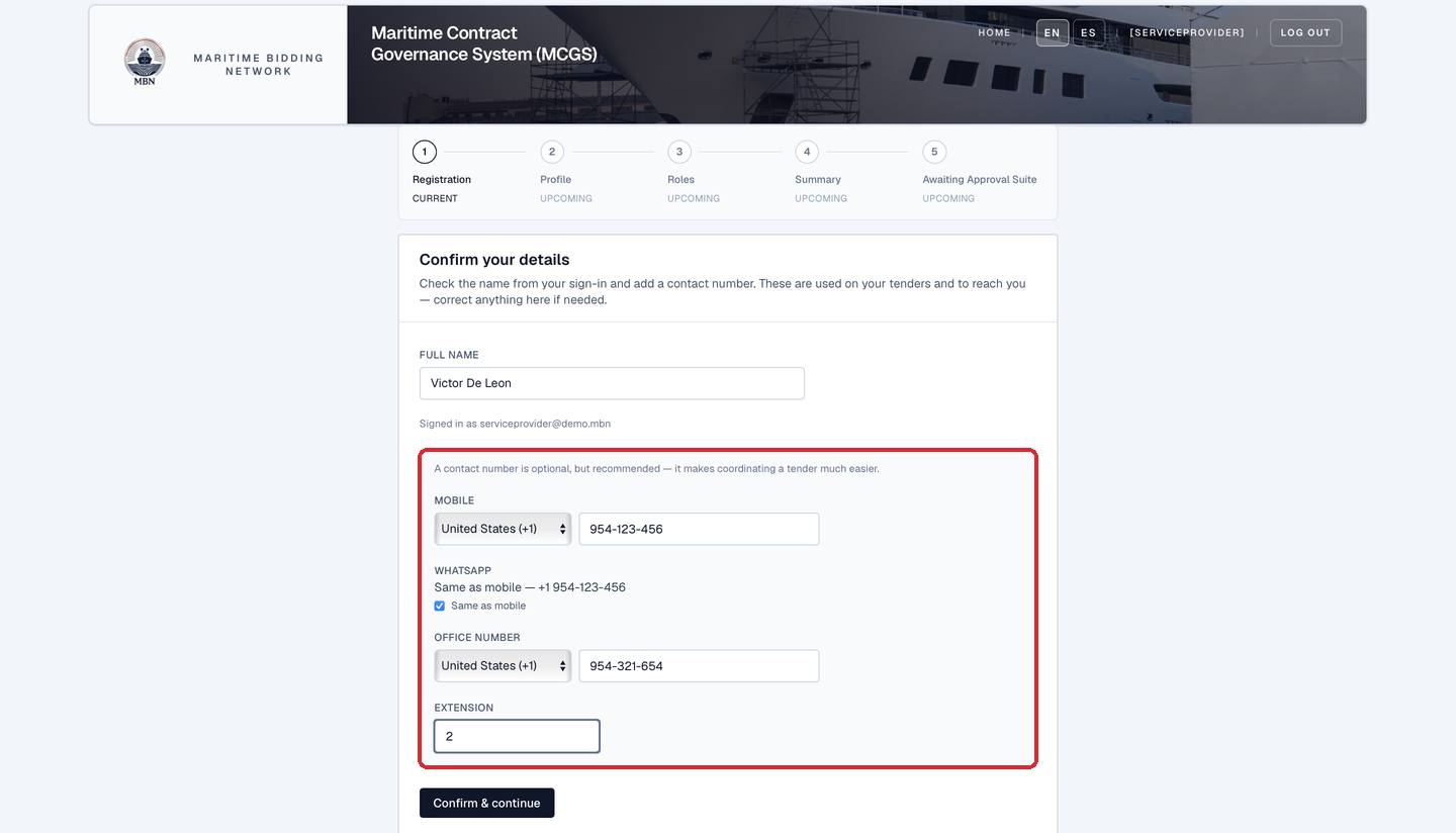 The 'Confirm your details' step: name from sign-in, plus mobile, WhatsApp, and office contact numbers.