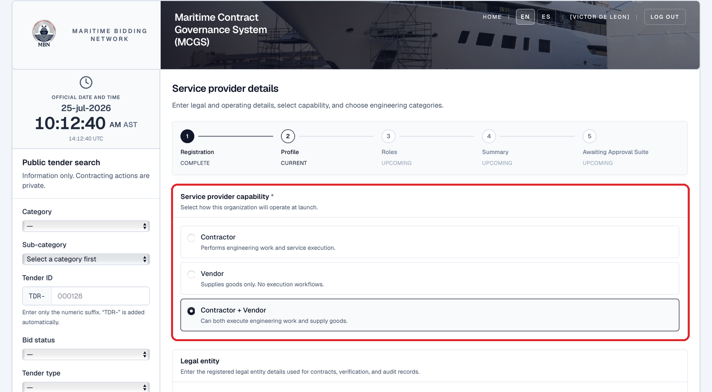 The Profile step of onboarding: the stepper (Registration complete, Profile current) above the Service provider capability card with Contractor + Vendor selected.