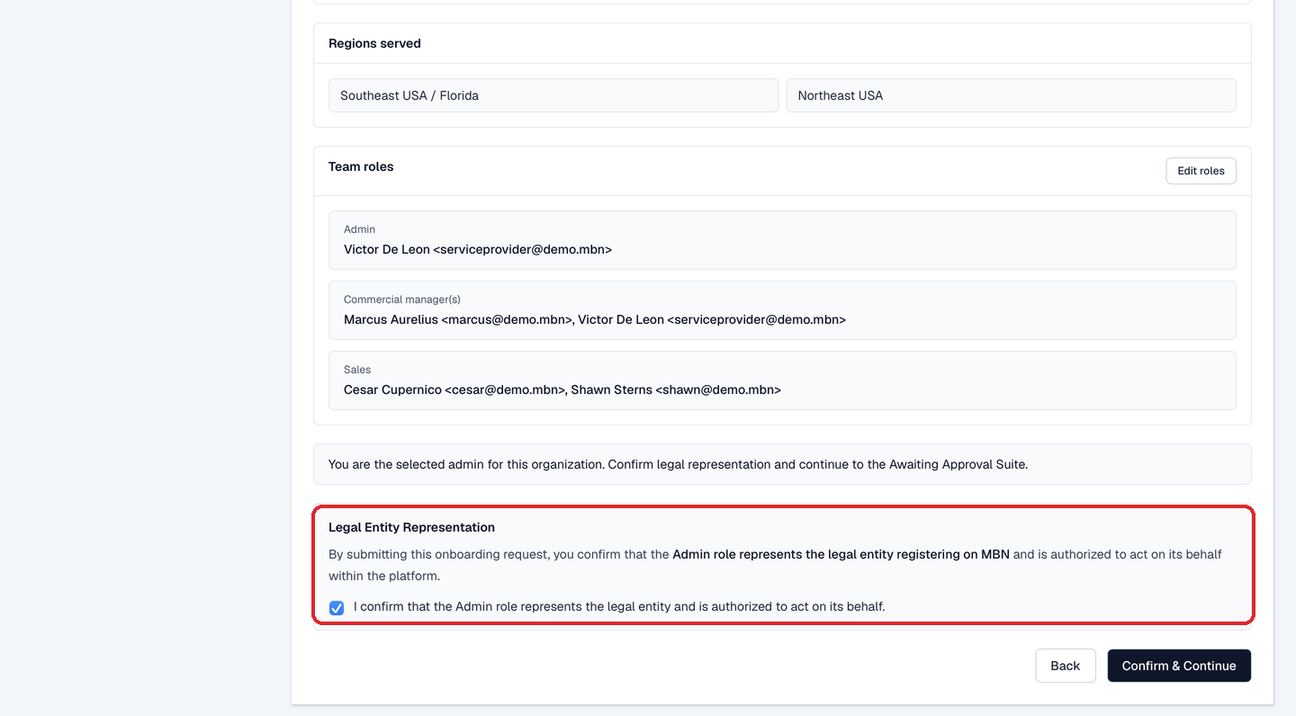 The Summary's confirm section: the 'You are the selected admin' message above the Legal Entity Representation box with its checkbox ticked and the Confirm & Continue button.