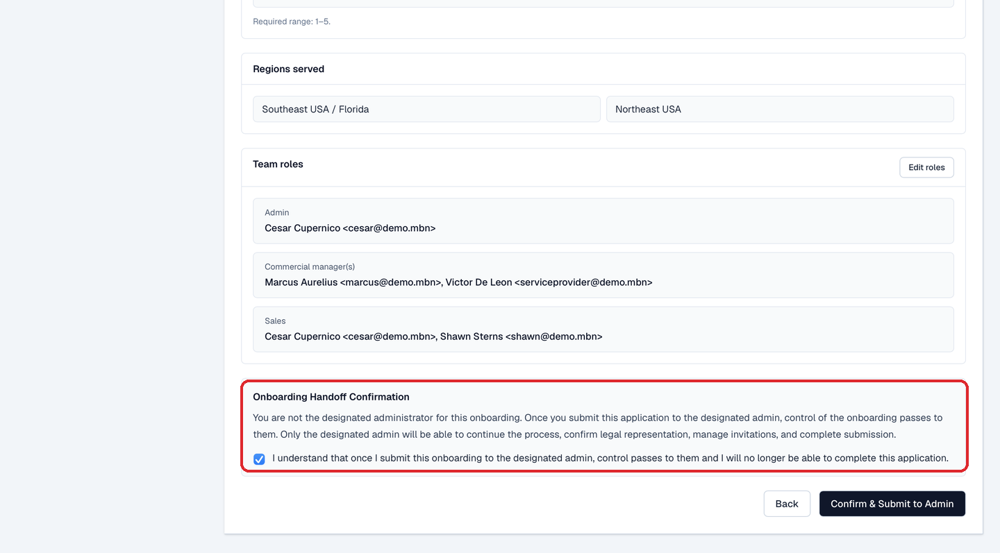The Summary's Onboarding Handoff Confirmation box: Admin set to a teammate, the acknowledgement checkbox ticked, and the Confirm & Submit to Admin button.