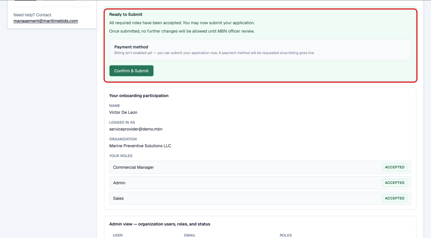 The Ready to Submit panel, 'all required roles have been accepted', the 'Billing isn't enabled yet' payment-method note, and the Confirm & Submit button.