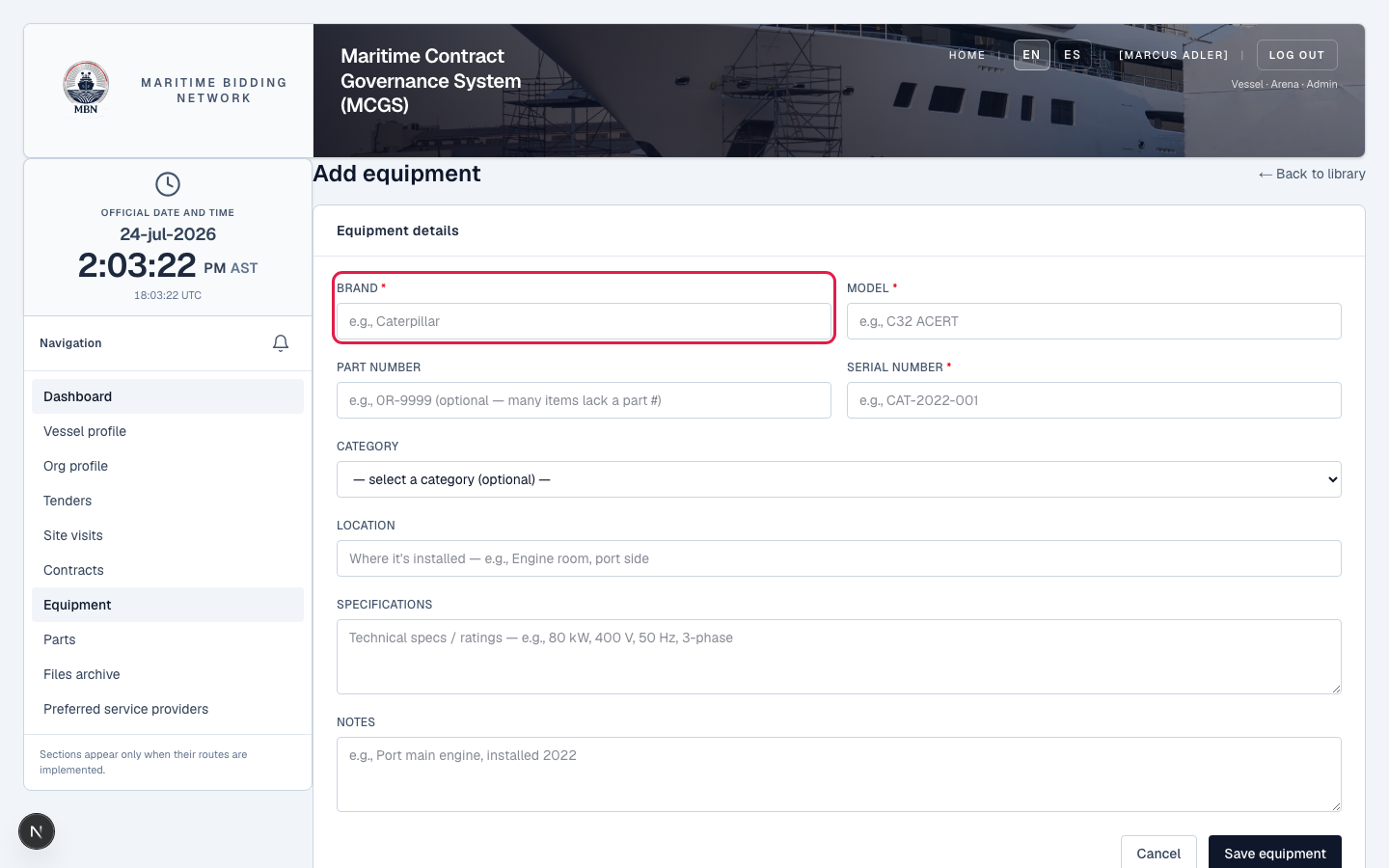 The equipment identity fields: name, type, maker, model, and serial number.