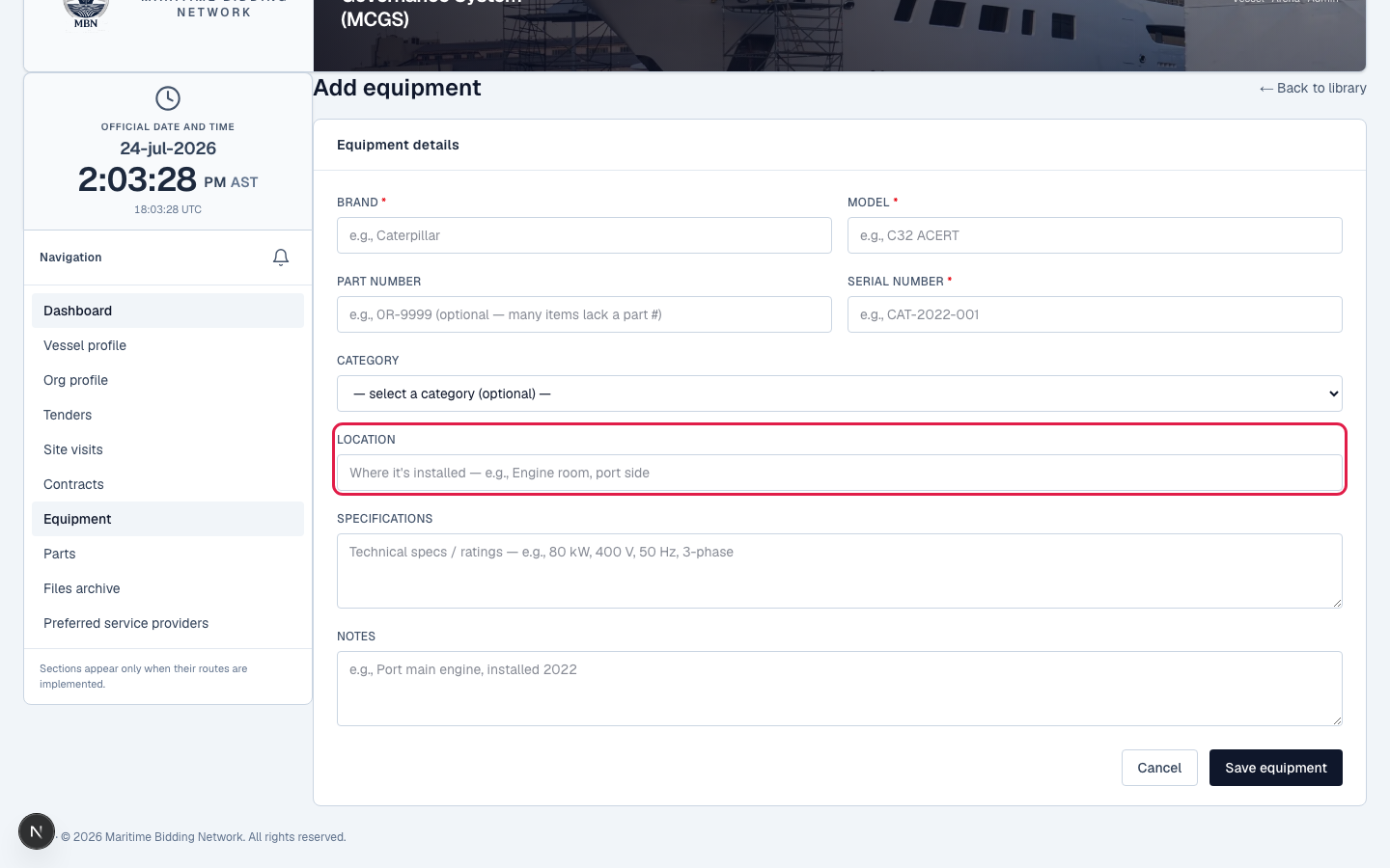 Adding technical specifications and location details to an equipment item.