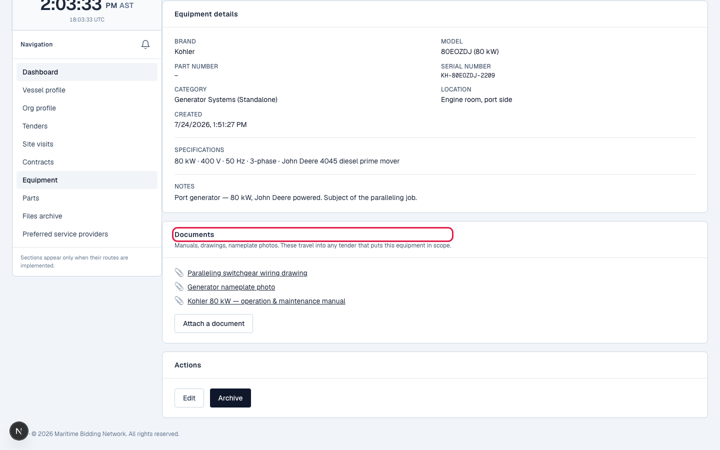 Attaching manuals, drawings, or photos to an equipment record.
