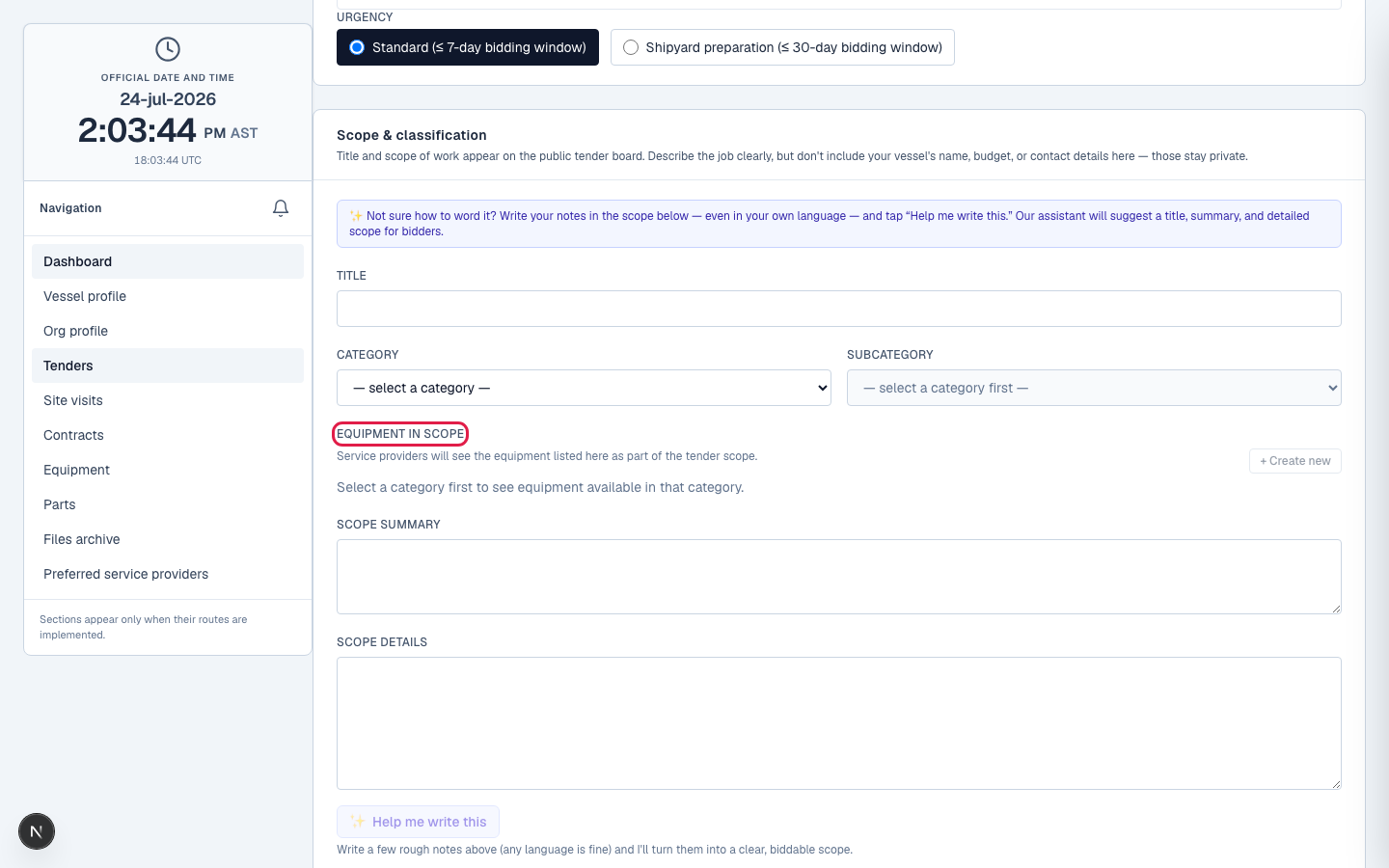 Adding the equipment as 'Equipment in scope' while creating a tender.