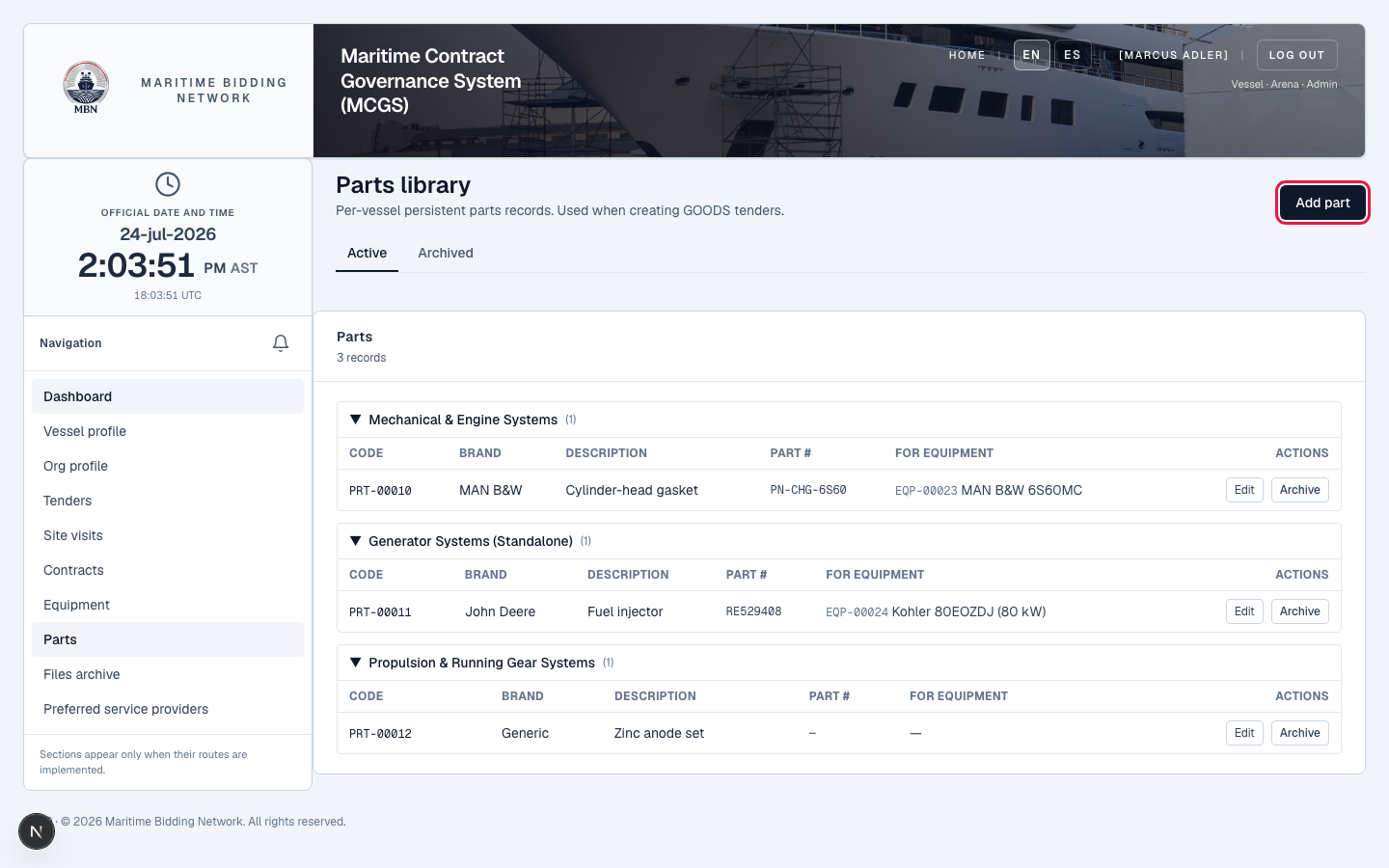 The Parts area of the vessel dashboard, with the button to add a new part.