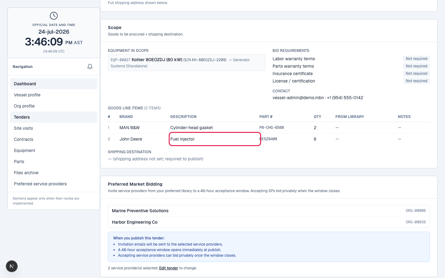 Adding a part as a line item while creating a goods tender.