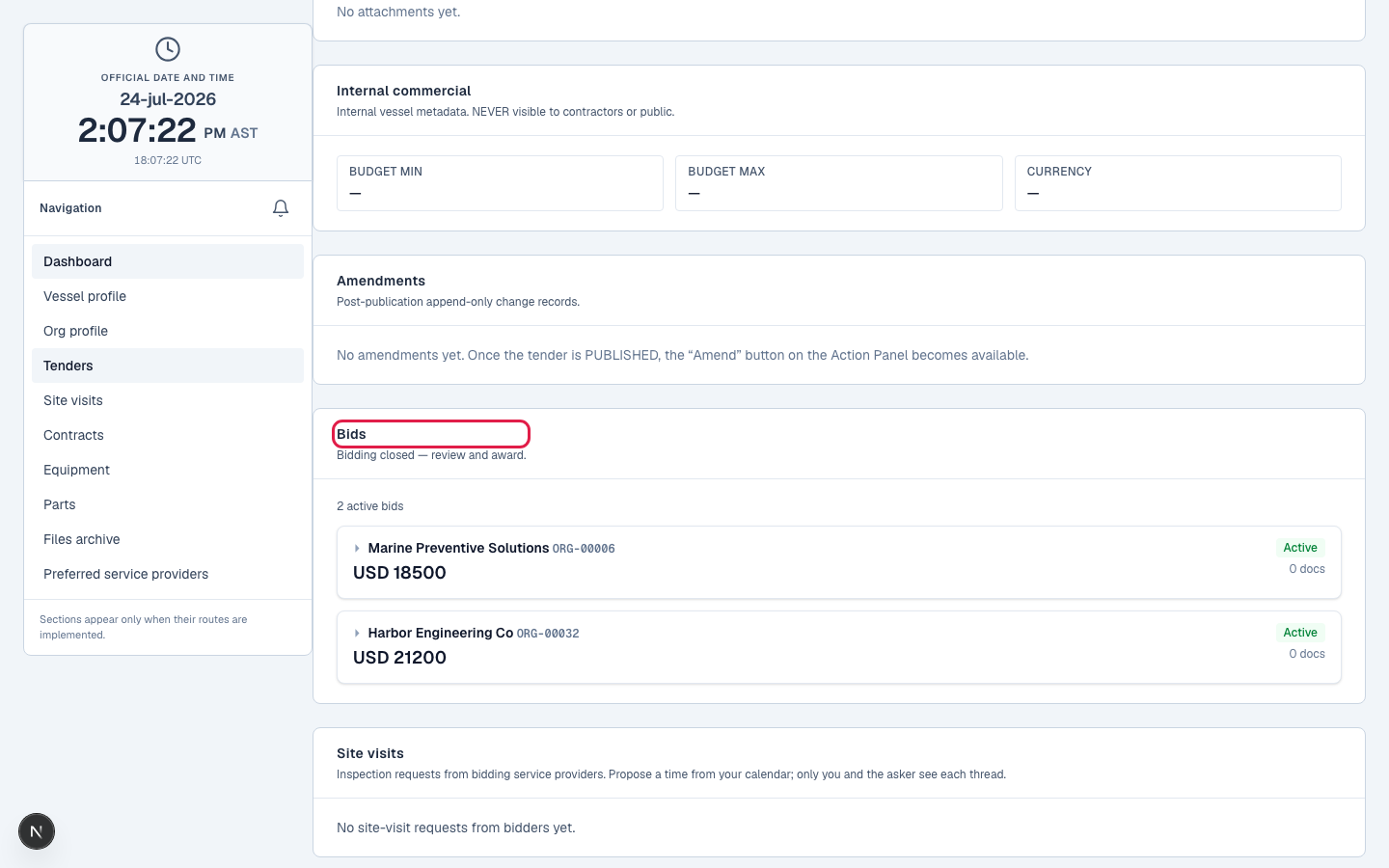 The bid comparison view, quotes side by side.