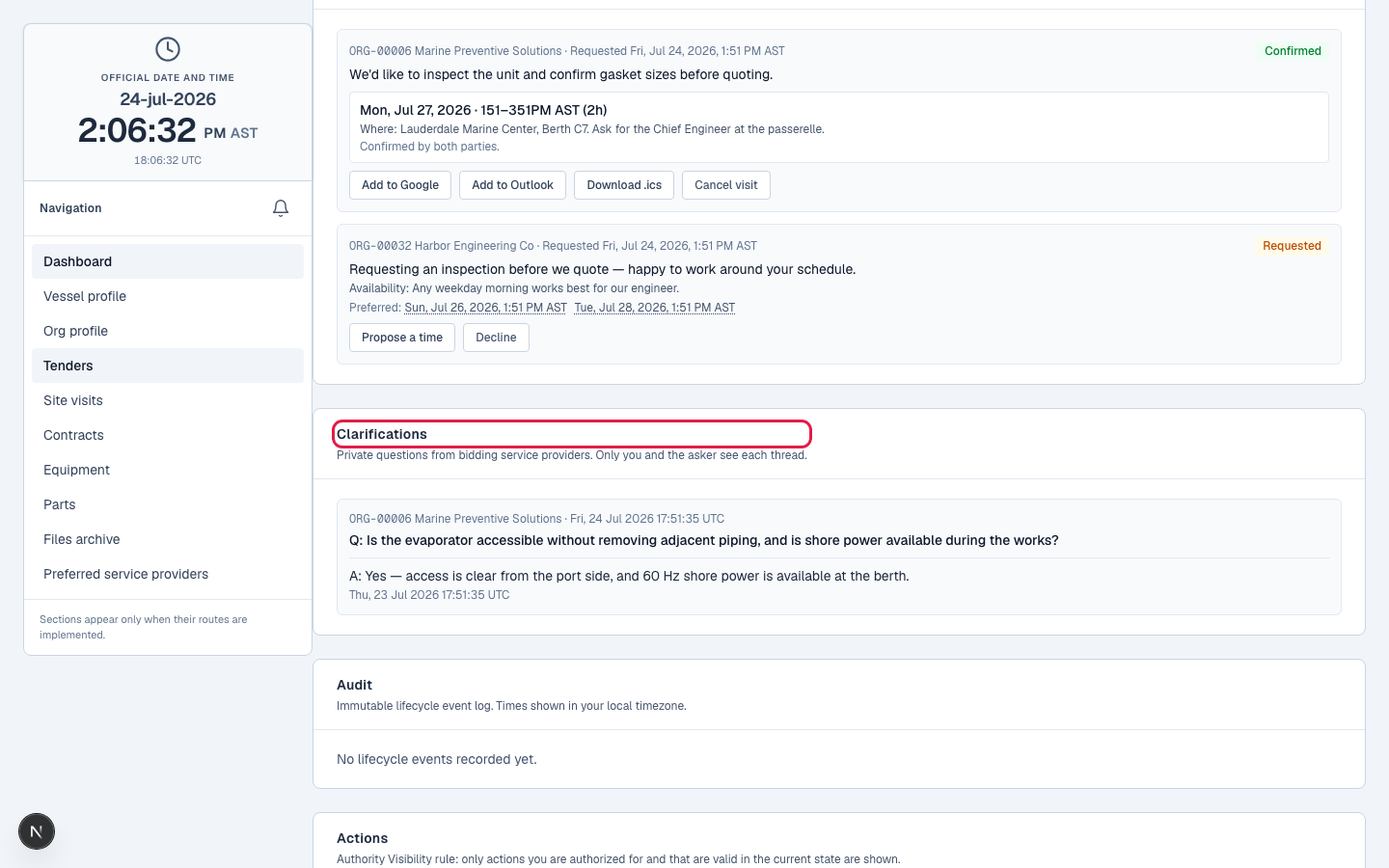 The clarifications view, questions grouped by provider, each thread private.