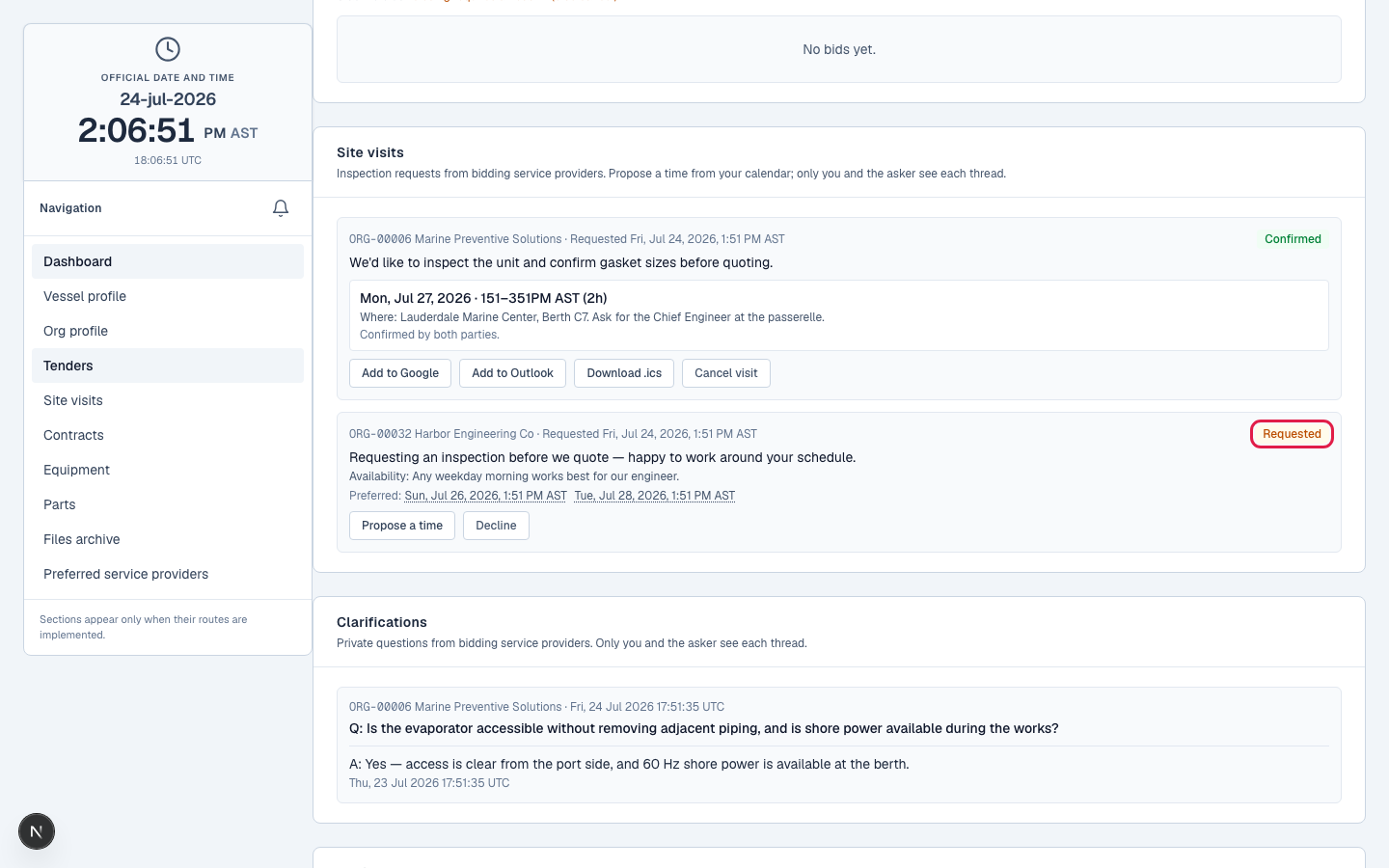 A provider's site-visit request with suggested times.