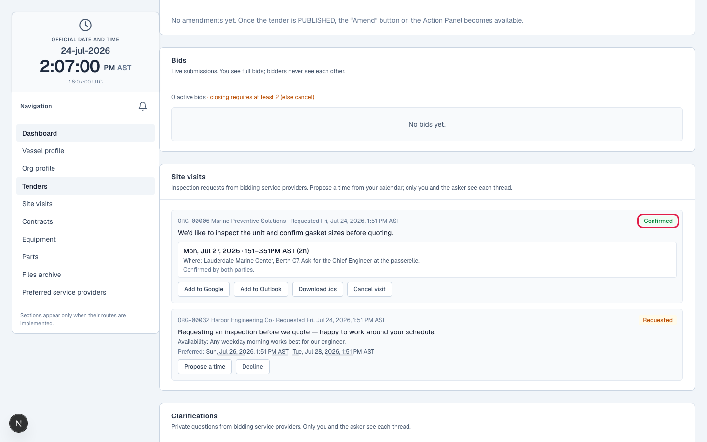 The site-visit propose-and-confirm handshake between vessel and provider.