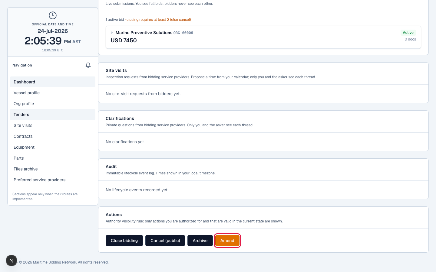 The Amend action on a live tender's page.