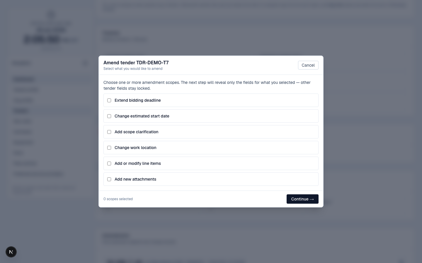 The amendment options: clarification, location, start date, attachments, line items.