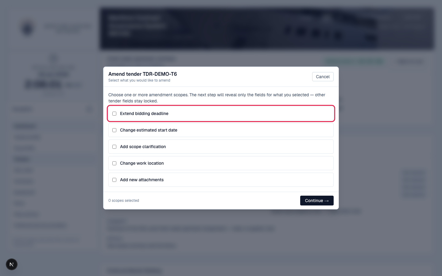 Extending the bidding deadline via the Amend panel.