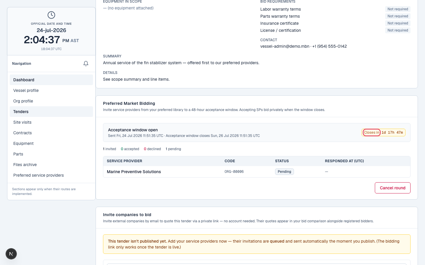 A scheduled tender showing the preferred-round 48-hour acceptance window in flight.