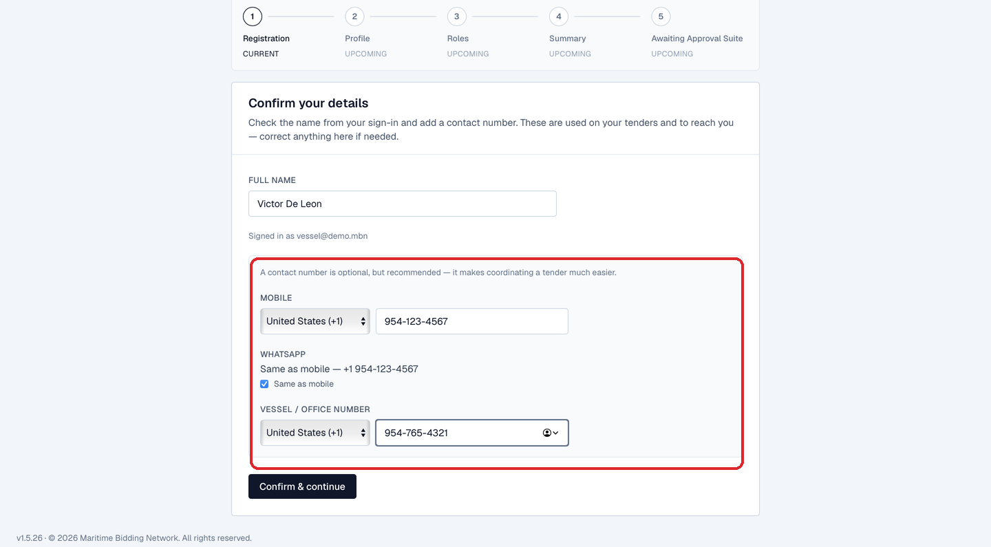 The 'Confirm your details' step: name from sign-in, plus mobile, WhatsApp, and vessel/office contact numbers.