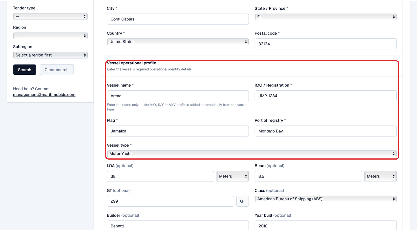 The vessel operational profile: required identity fields: vessel name, IMO/registration, flag, port of registry, and vessel type.