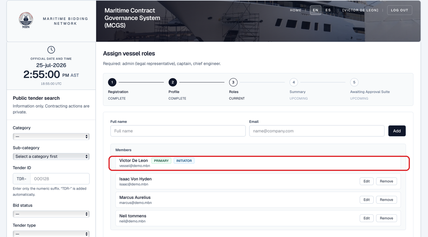 The vessel Roles step: the Members roster: the initiator's row badged PRIMARY and INITIATOR (locked, no Edit/Remove), with added teammates carrying active Edit/Remove controls.