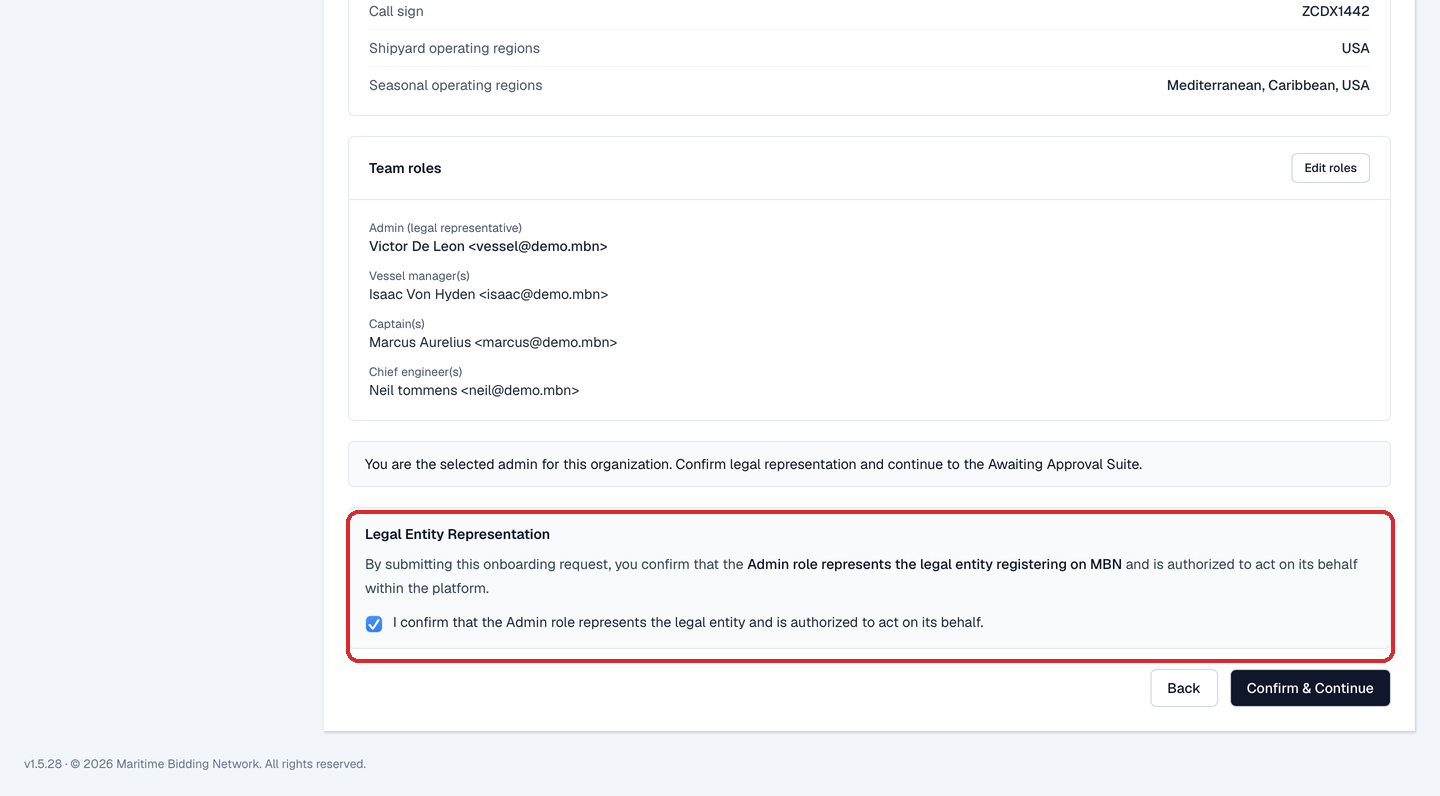 The Summary's confirm section: the 'You are the selected admin' message above the Legal Entity Representation box with its checkbox ticked and the Confirm & Continue button.