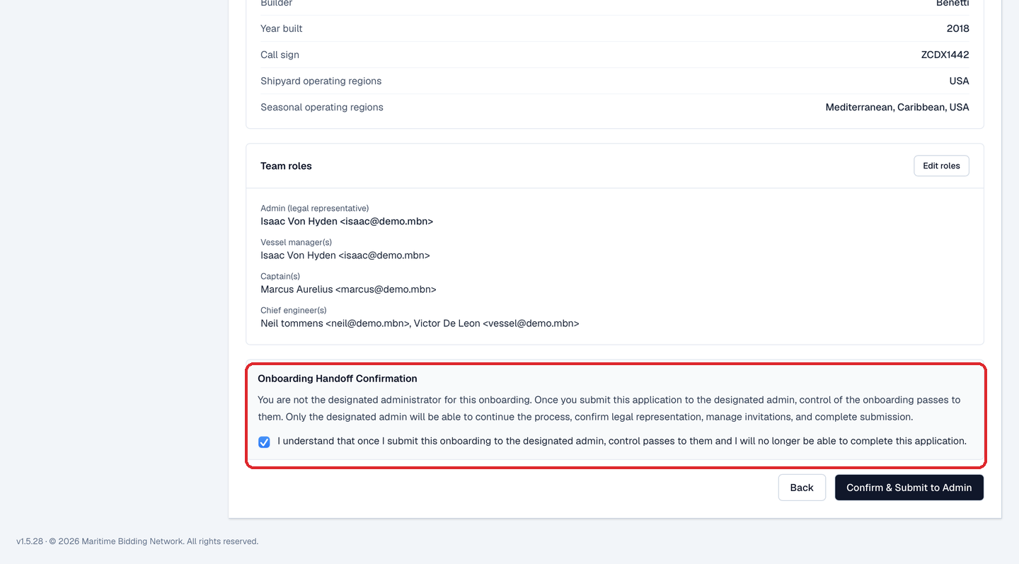 The Summary's Onboarding Handoff Confirmation box: Admin set to a teammate, the acknowledgement checkbox, and the Confirm & Submit to Admin button.