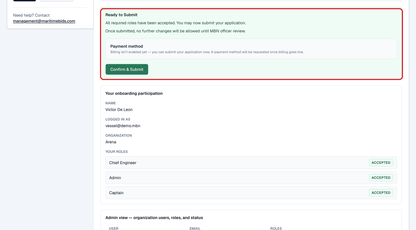 The Ready to Submit panel, 'all required roles have been accepted', the 'Billing isn't enabled yet' payment-method note, and the Confirm & Submit button.